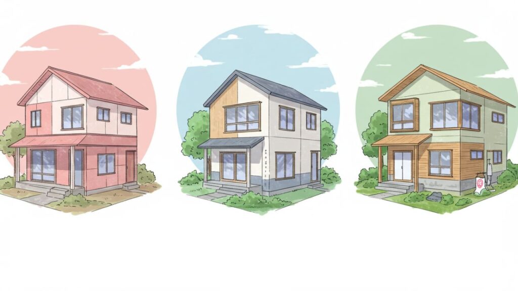 お家が3つ並んでいる様子のイラスト。