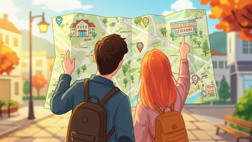 カップルが地図を見ながら道を歩いている様子