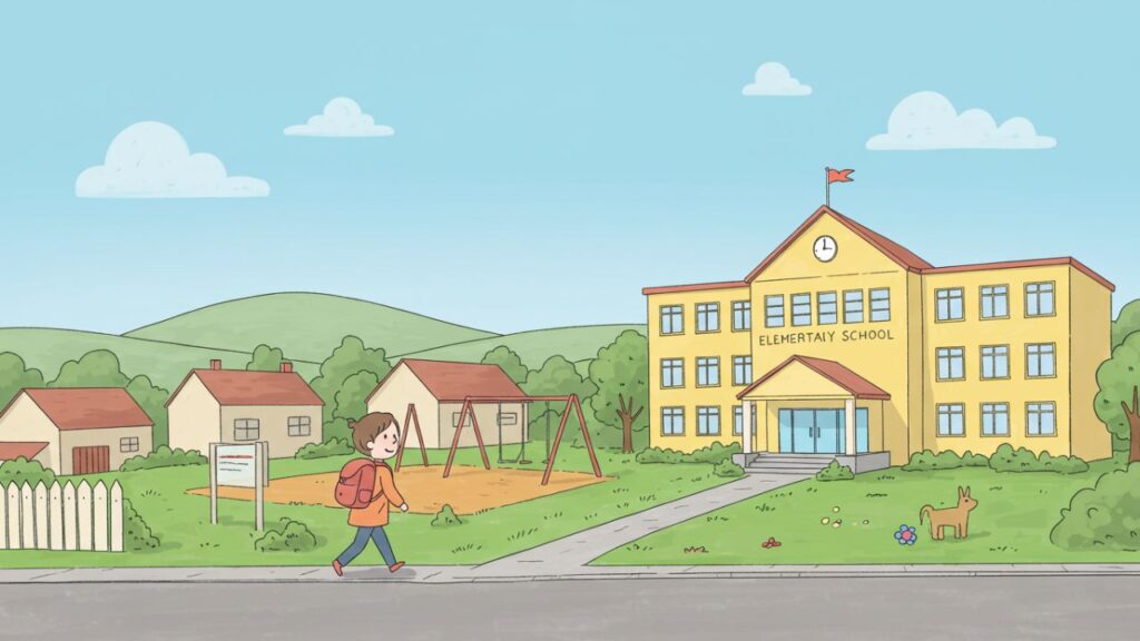 学校に歩いていく子供の様子