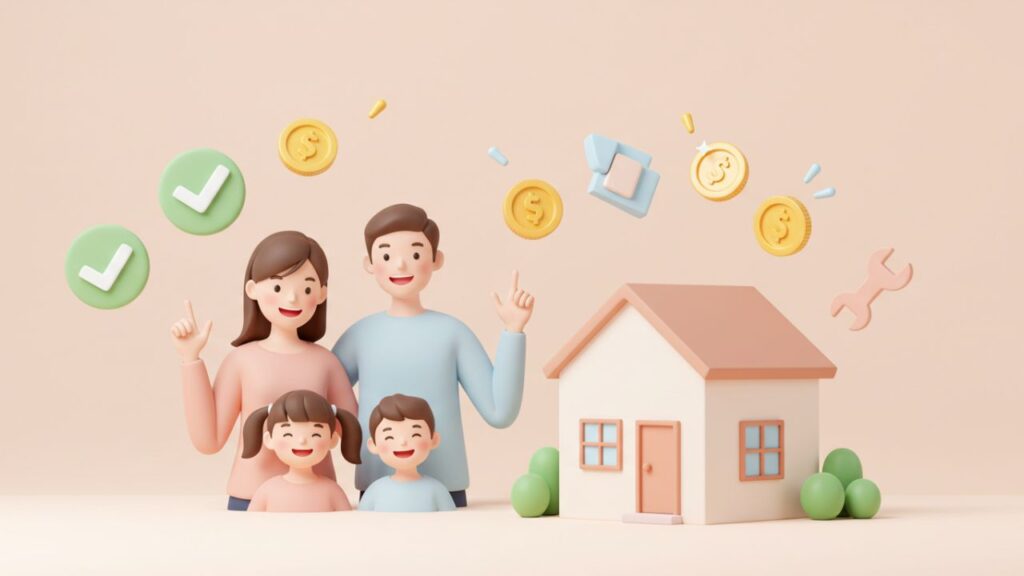 建物と家族４人が描かれているイラスト