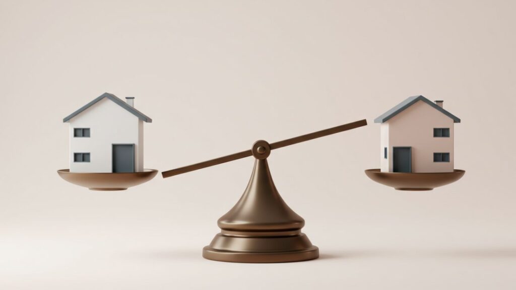 お家を天秤に乗せている様子。価格を比較する重要性をイメージ。