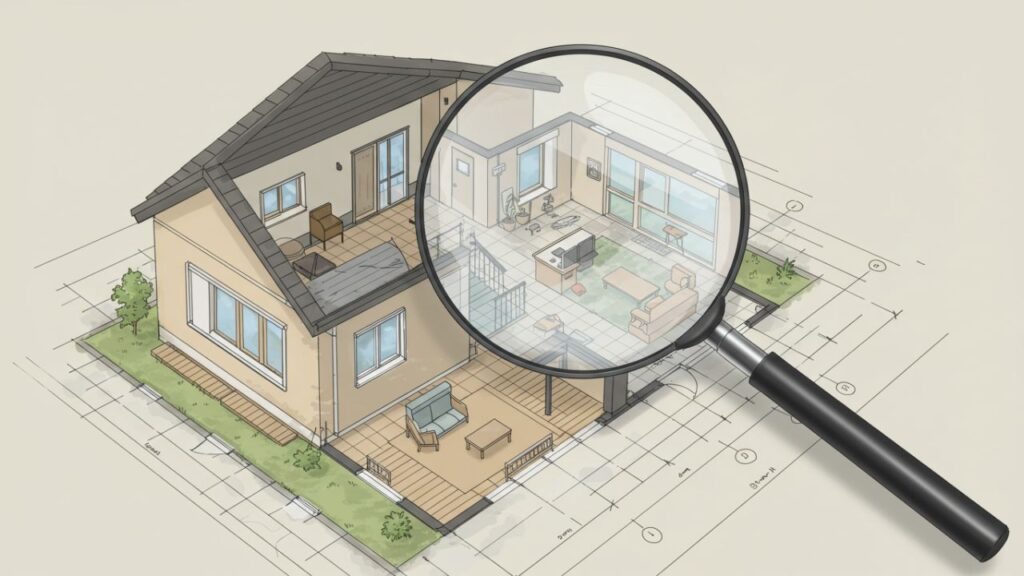 建物の中を虫メガネで覗いているイラスト