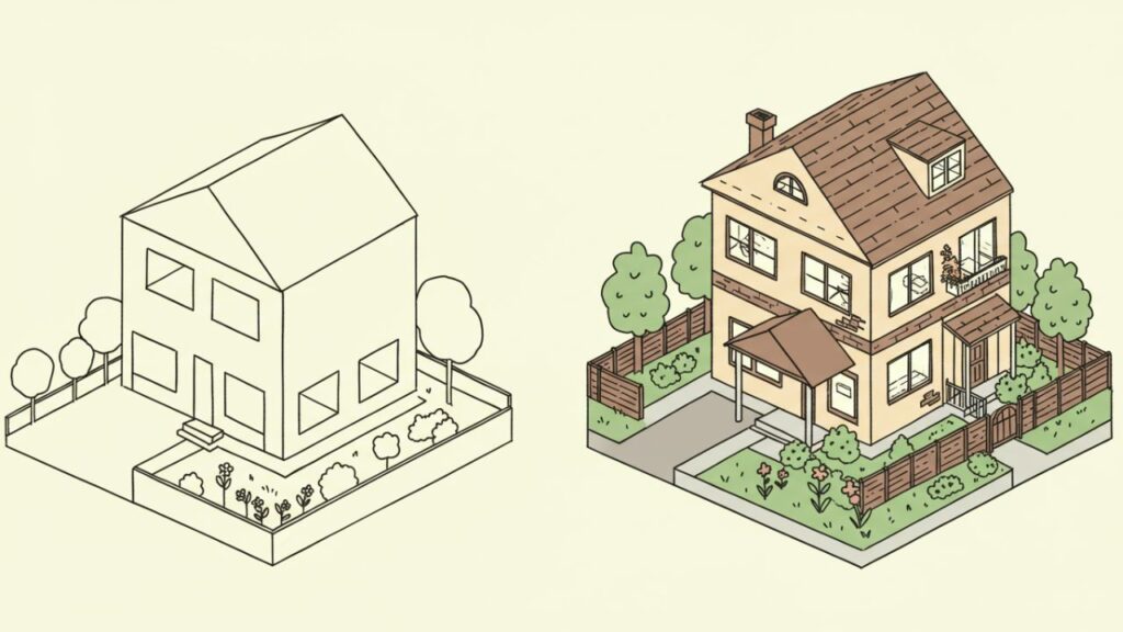 透過された建物と全体がはっきり分かる建物のイラスト