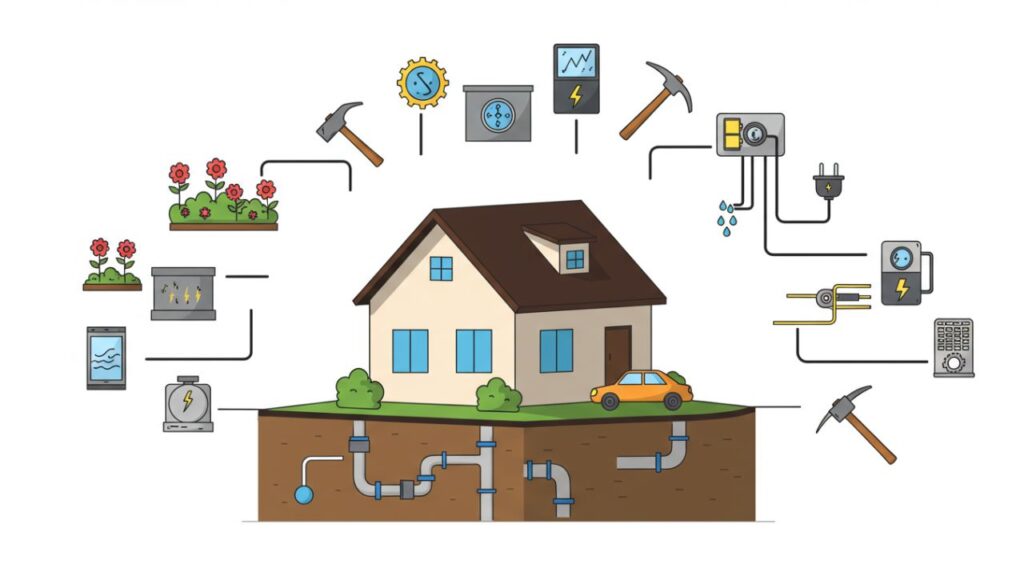 建物に付随する工事をハンマーや分電盤、花のアイコンを用いて表現しているイラスト