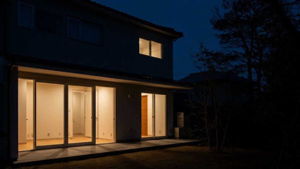 外から夜の新築住宅を見ている様子