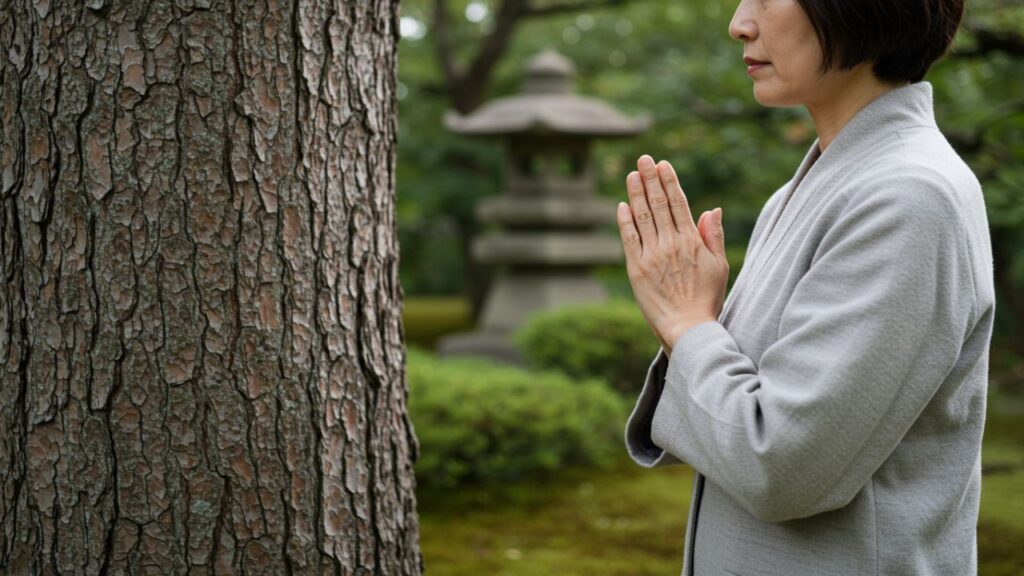 木の前で手を合わせている様子