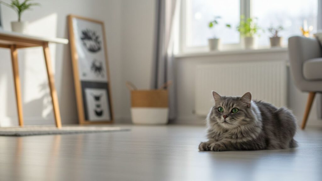 猫　床に伏せる