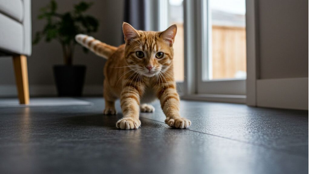 猫　床で背伸び