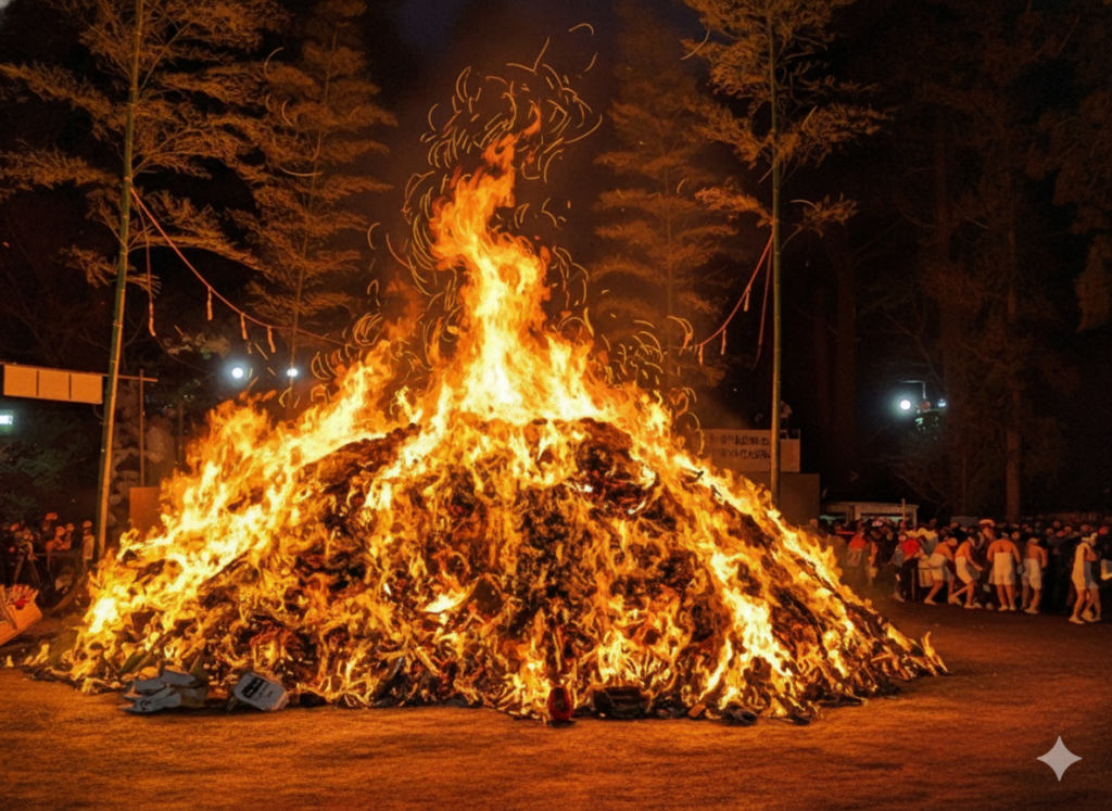 どんと祭で正月飾りを燃やしている様子