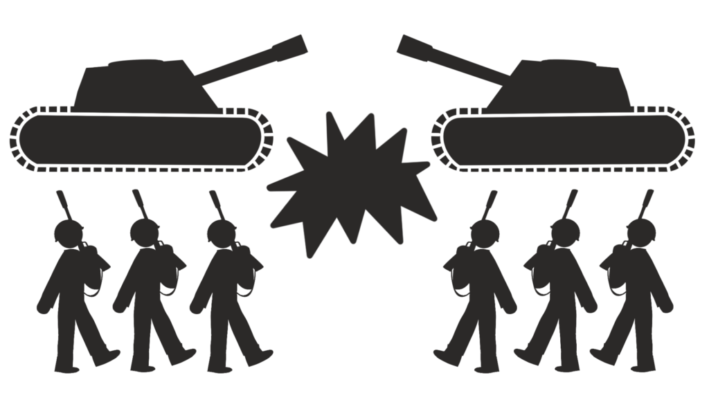 Silhouettes of people standing in a crowd around two large rounded platforms with striped edges and a central starburst between them.