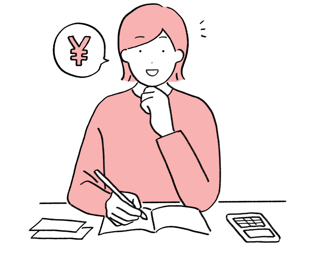 Person in a pink sweater writes in a notebook at a desk, with a calculator and cards nearby, yen in a thought bubble—finances scene.