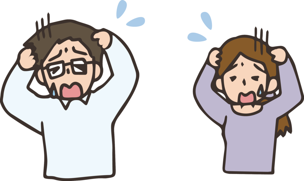 Two cartoon people, a man and a woman, pull at their hair in distress with sweat drops around them.