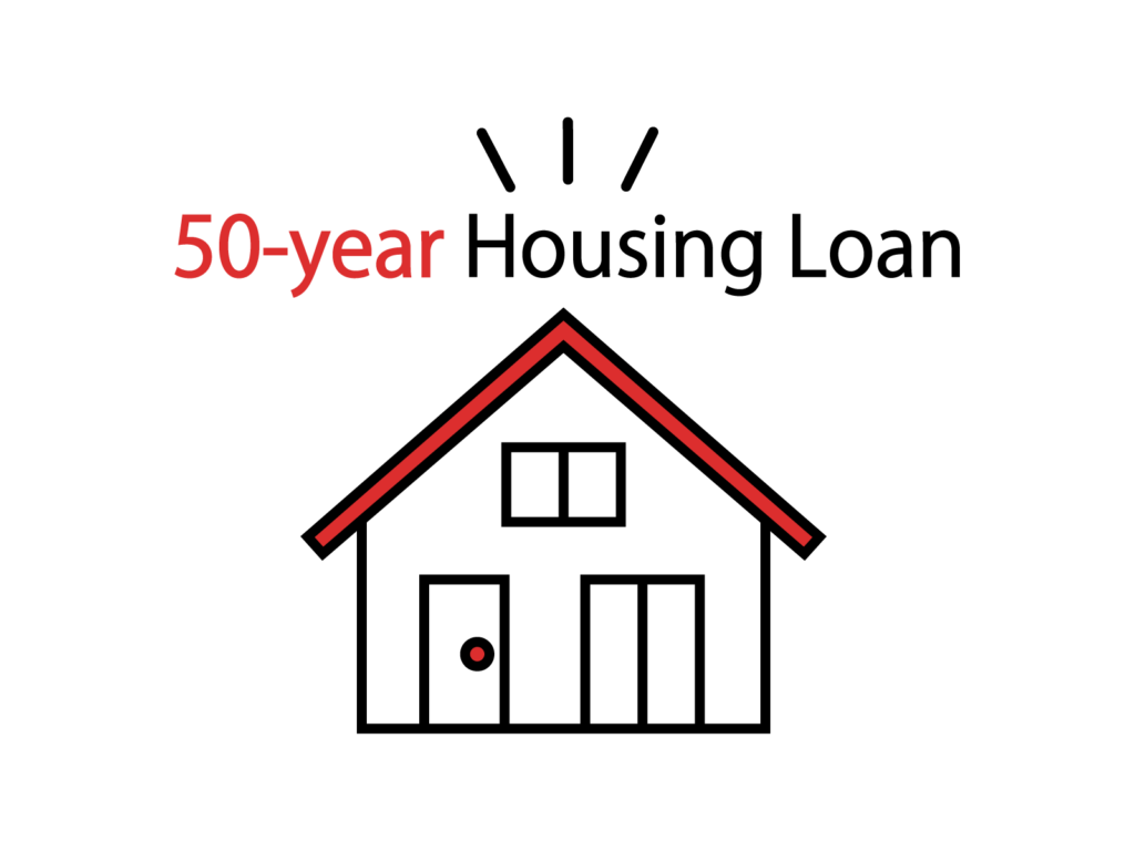 White house illustration with black window outlines and a red pitched roof on a black background; '50-year' in red text.