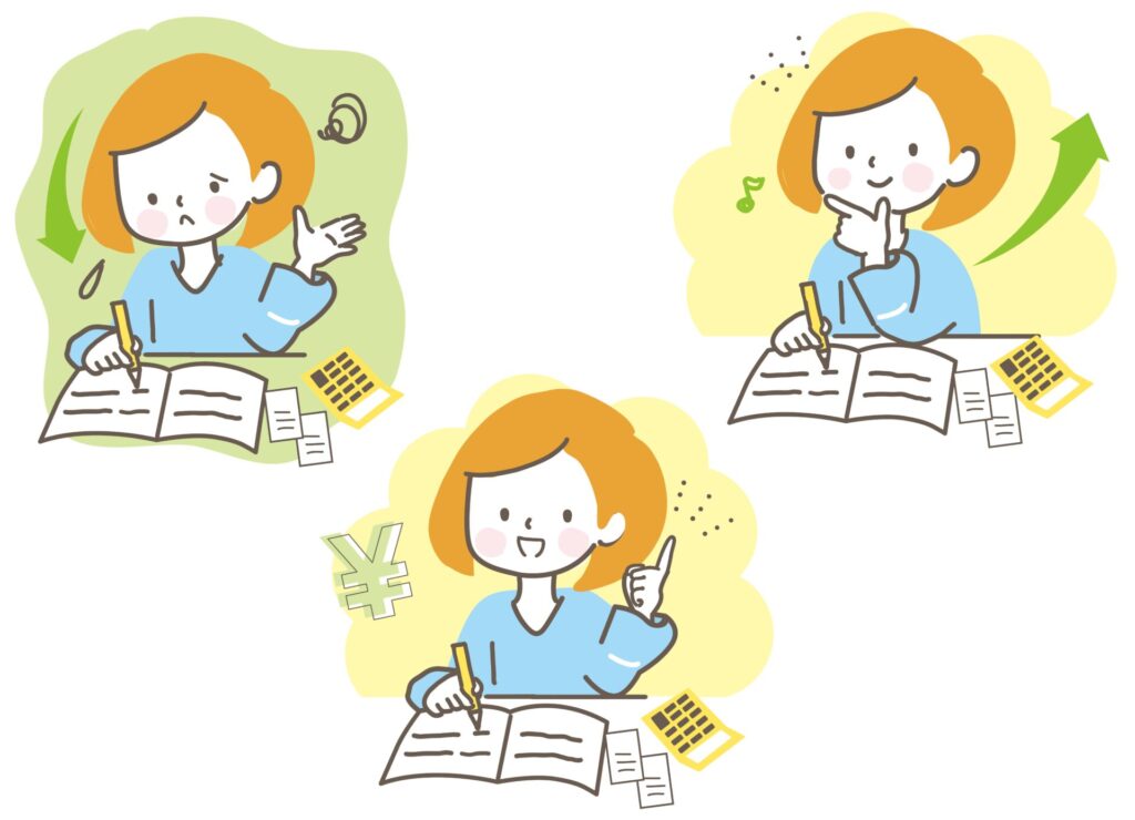 Three children studying at desks, writing in notebooks with calculators nearby; colorful, cheerful illustration.