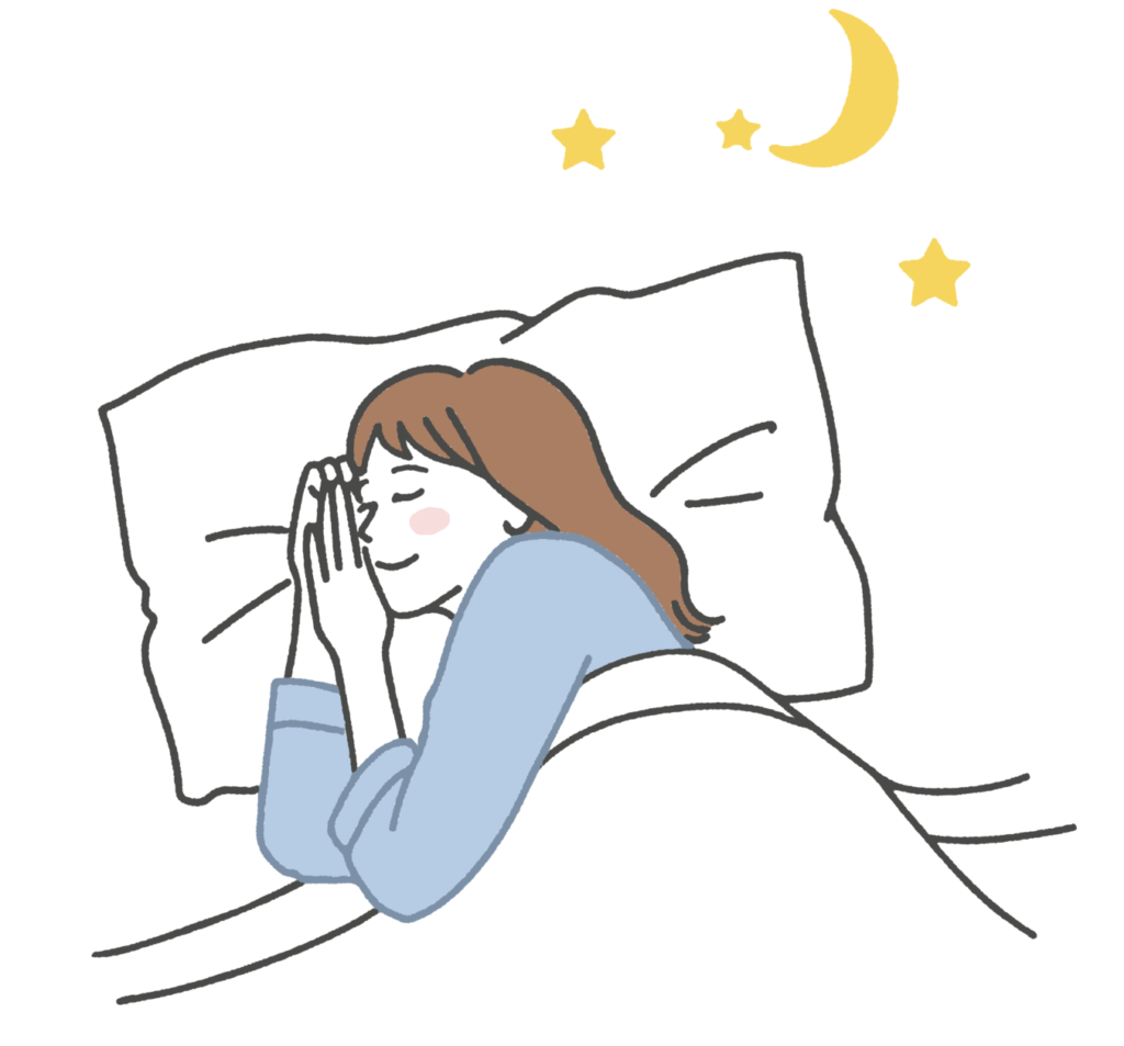Person sleeping in bed under a blue blanket with hands folded under the face; moon and stars shining above.