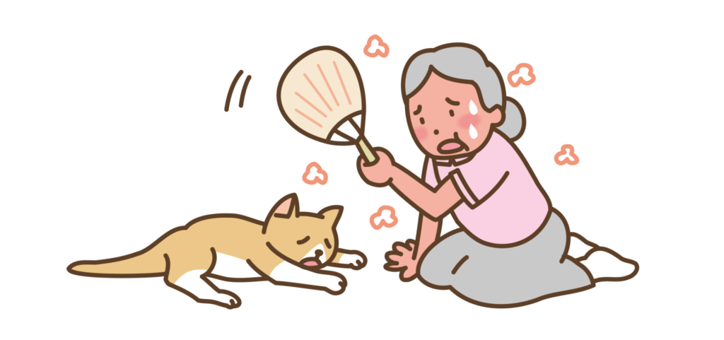 Japanese text '熱中症の危険性' accompany an illustration of an elderly woman fanning herself while a dog lies asleep, suggesting heatstroke risk and overheating
