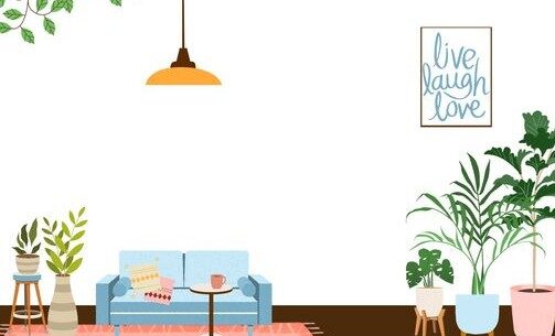 Bright living room illustration with a blue sofa, orange rug, hanging ceiling lamp, and potted plants, plus a framed 'Live Laugh Love' artwork