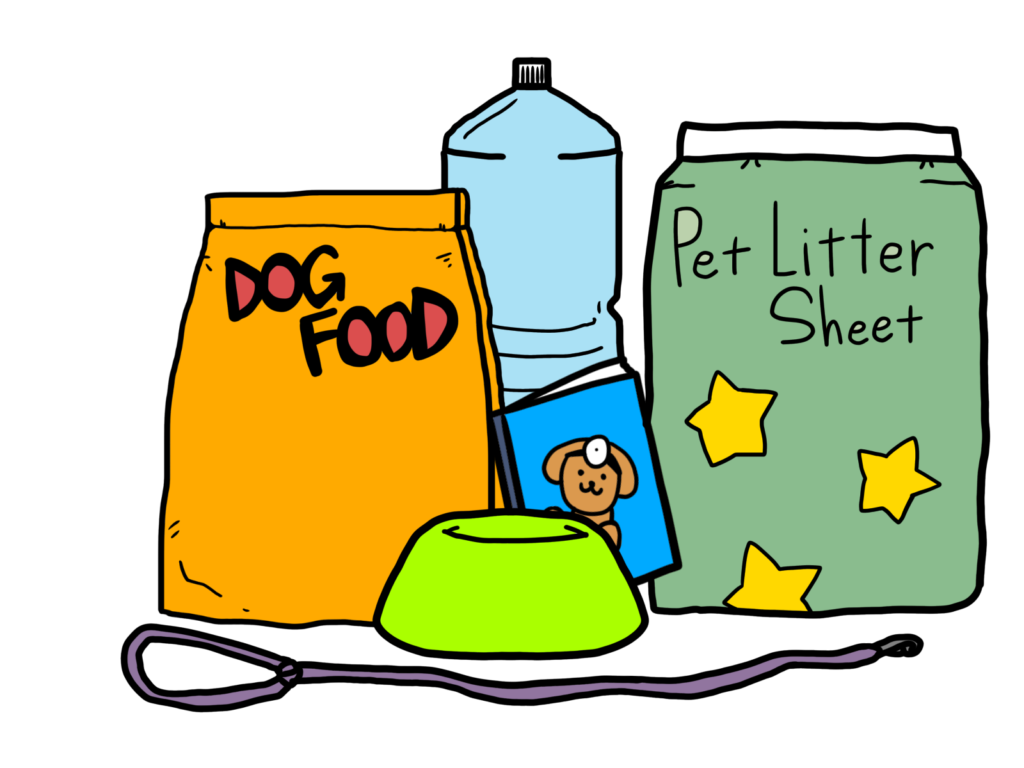 Pile of pet supplies: orange dog food bag, green bag of pet litter sheets with yellow stars, blue can with a dog image, tall blue water bottle, bright green bowl, and a purple leash in front.