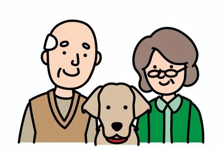 Cartoon elderly couple with a tan dog between them, all smiling