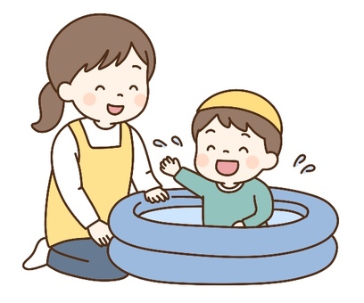 プール遊びを楽しむ子供と、笑顔で見守る母親のイラスト