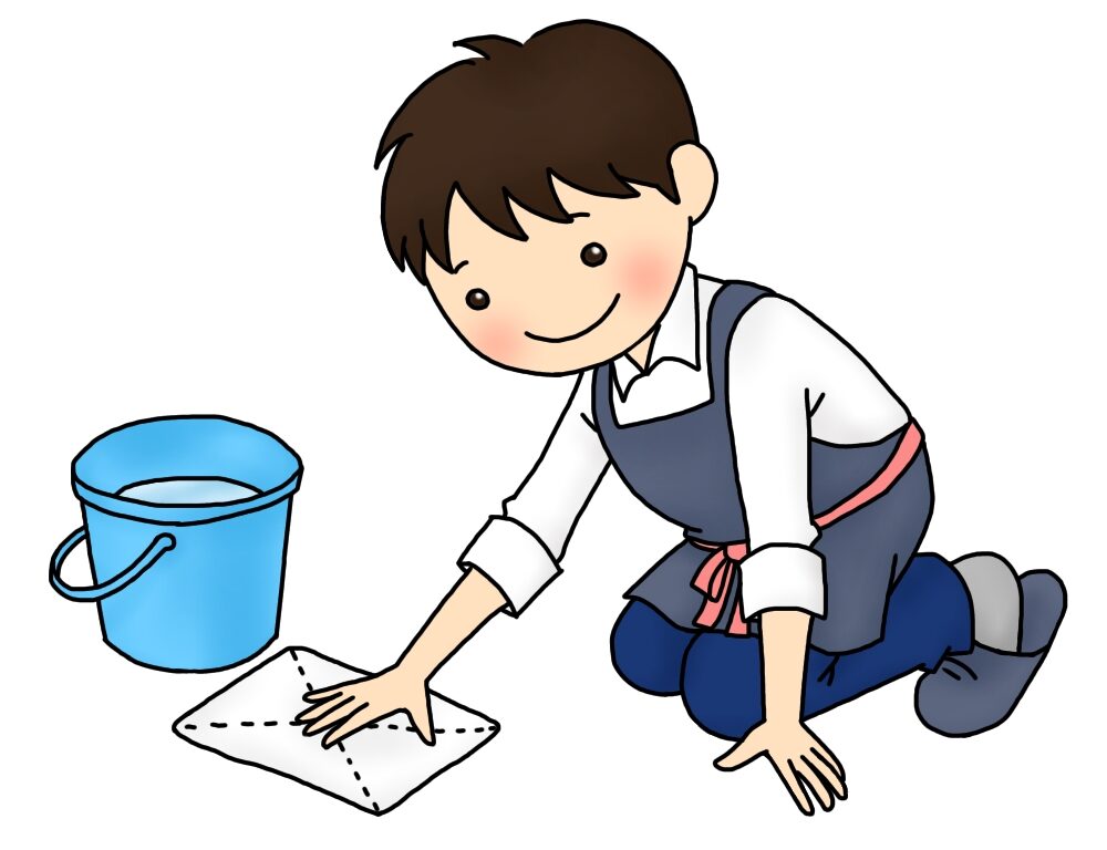 床掃除をする男性のイラスト