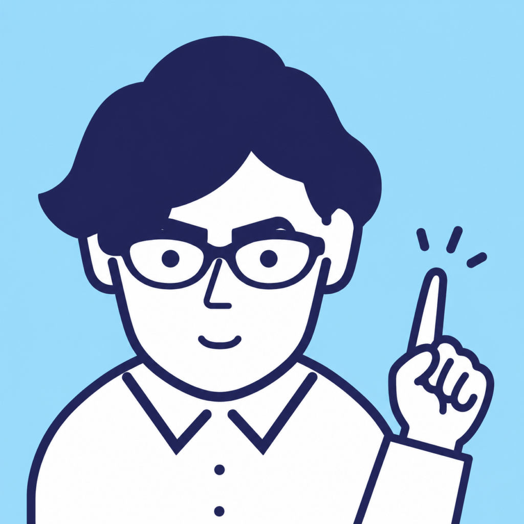 Cartoon person with glasses, raising an index finger to indicate an idea, on a blue background