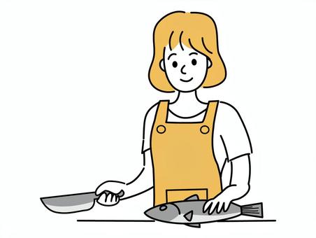 魚を捌く女性のイラスト