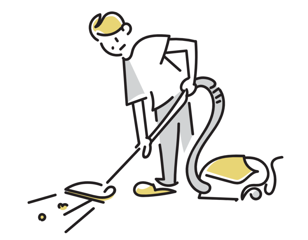 Cartoon of a person with a vacuum cleaner cleaning up spilled items on the floor.