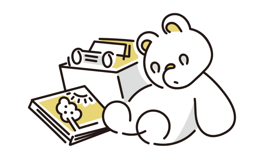 Cute teddy bear sitting beside a yellow toy car and an open book on a dark background, in a cartoon style.