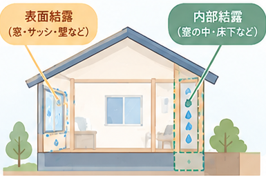 住宅の窓や壁内部で起こる表面結露と内部結露のイメージ