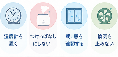 湿度計、加湿器、結露、換気を示した冬の加湿対策イラスト